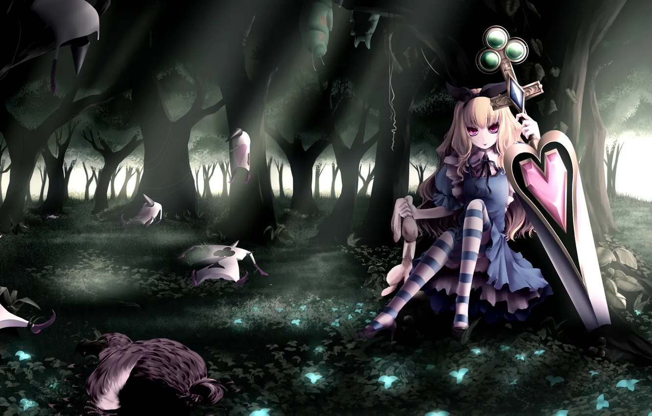 Photo wallpaper forest, girl, caterpillar, map, sword, rabbit, dress, Alice