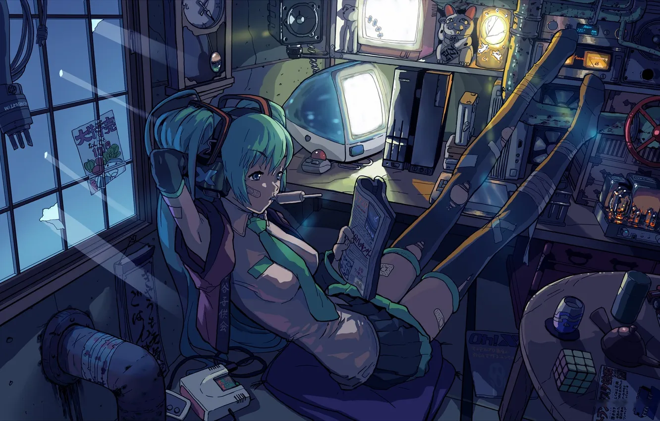 Photo wallpaper computer, girl, light, night, stockings, anime, window, art