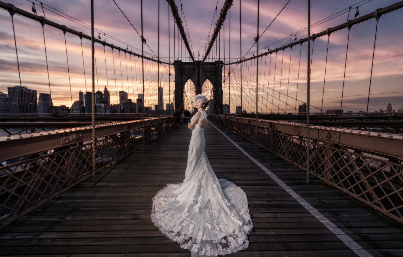 Photo wallpaper girl, bridge, dress, Asian, the bride