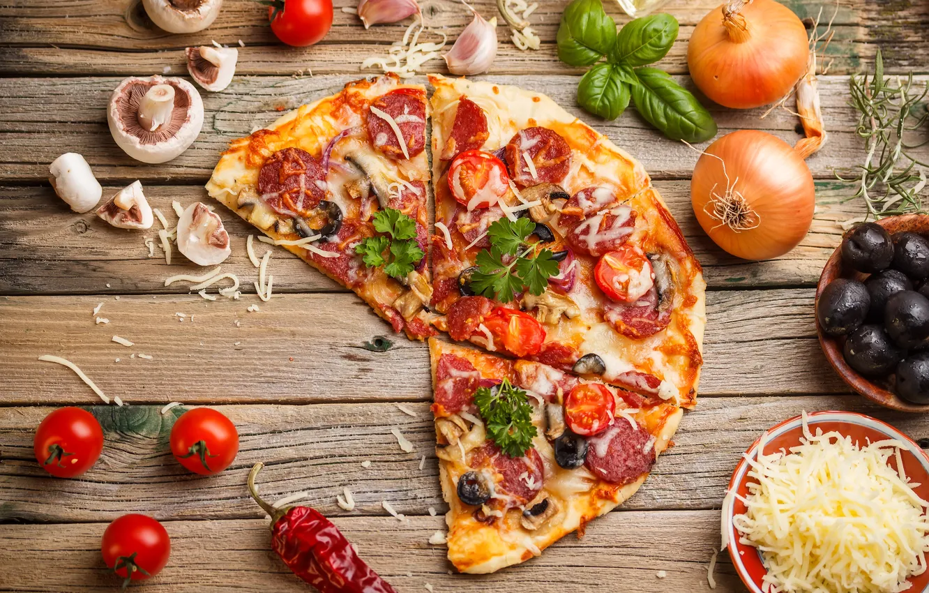 Photo wallpaper greens, mushrooms, pizza, tomatoes, garlic