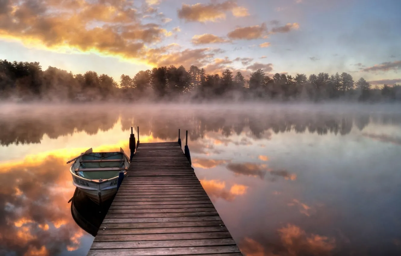 Photo wallpaper Bridge, Sunrise, Morning, Fog, Lake, Reflection, Boat