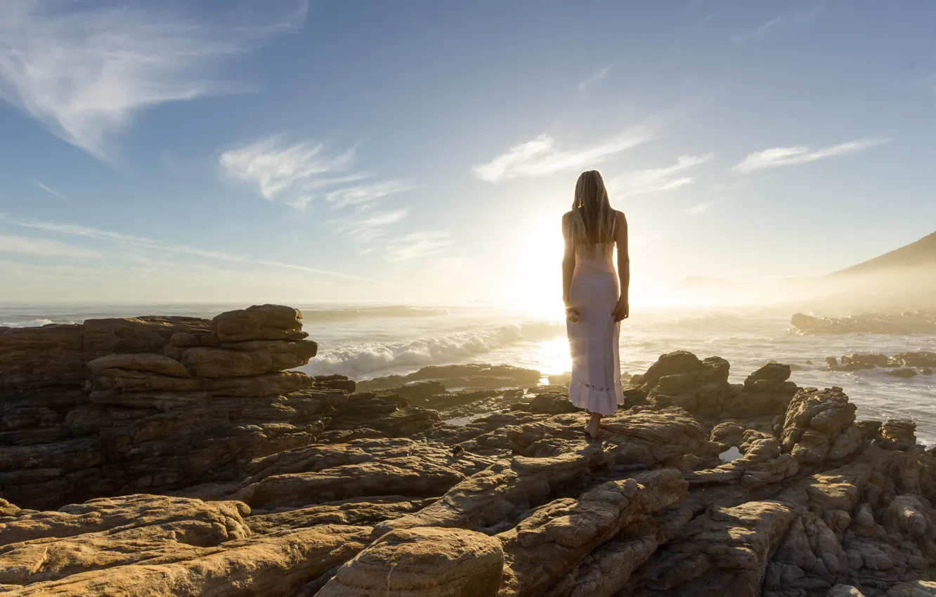 Photo wallpaper girl, the sun, pose, stones, body, dress, blonde