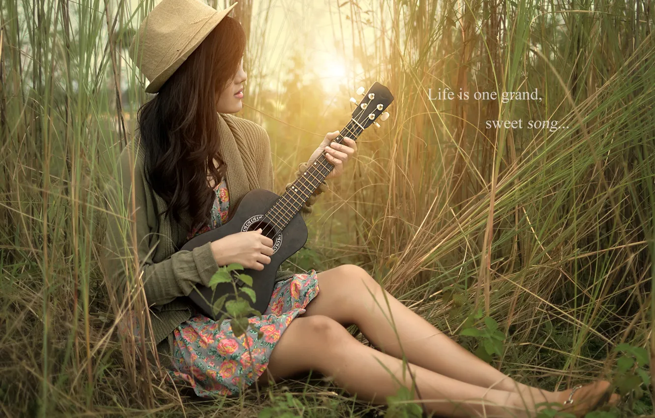 Photo wallpaper girl, nature, music, guitar