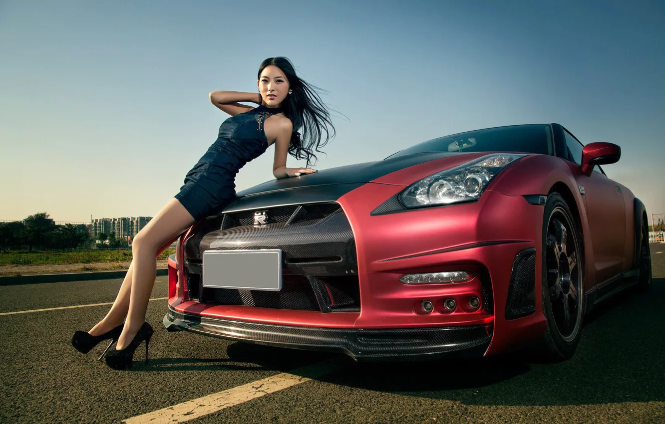 Photo wallpaper auto, look, Girls, Nissan, beautiful girl, posing on the hood of the car