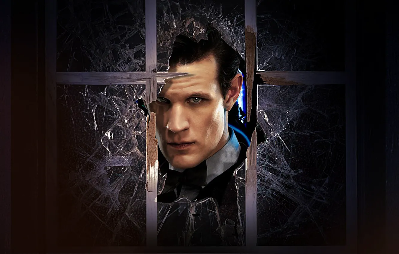 Photo wallpaper look, glass, fragments, face, cracked, window, actor, male