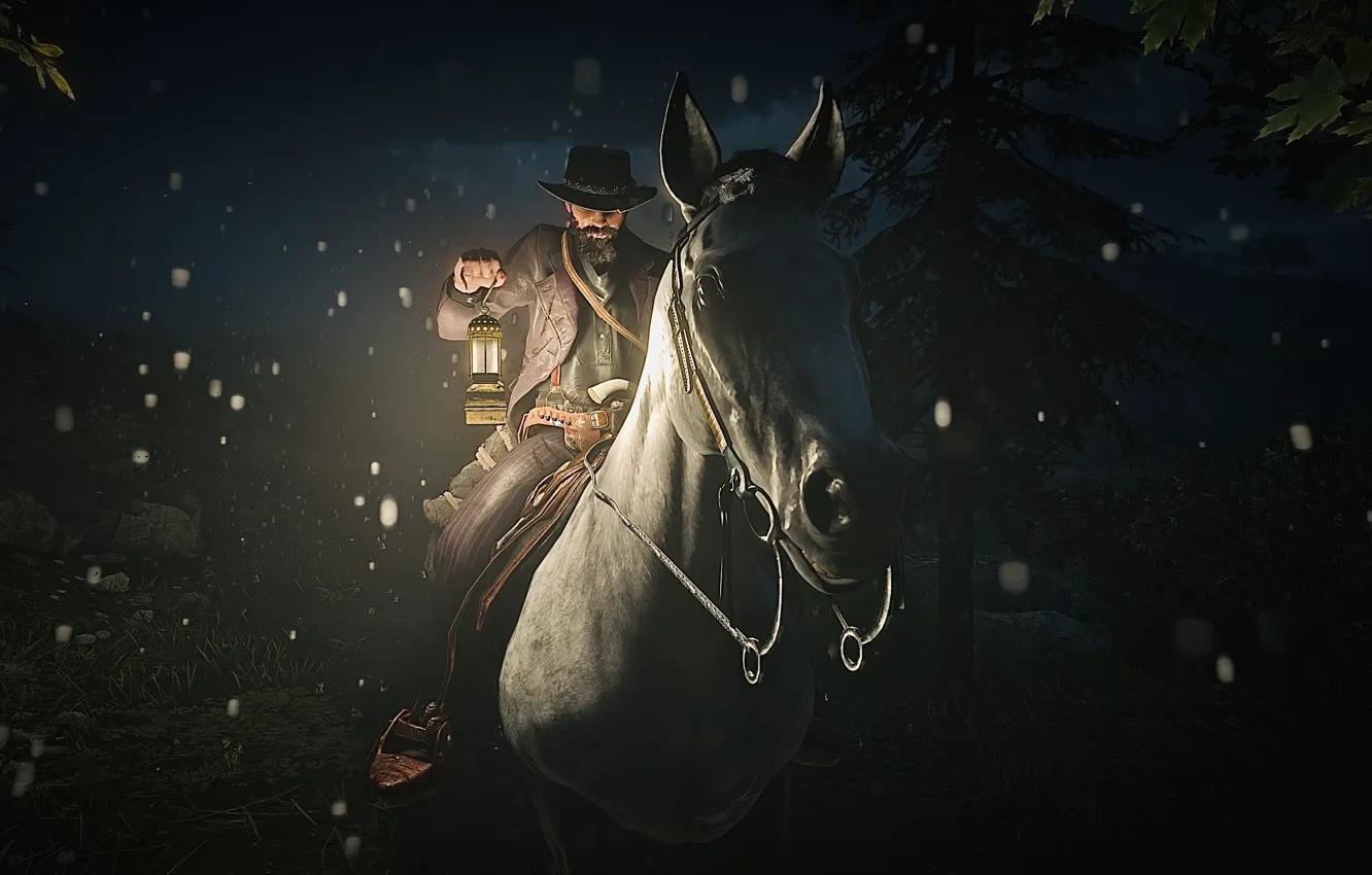 Photo wallpaper HDR, game, rain, trees, night, horse, lamp, John Marston