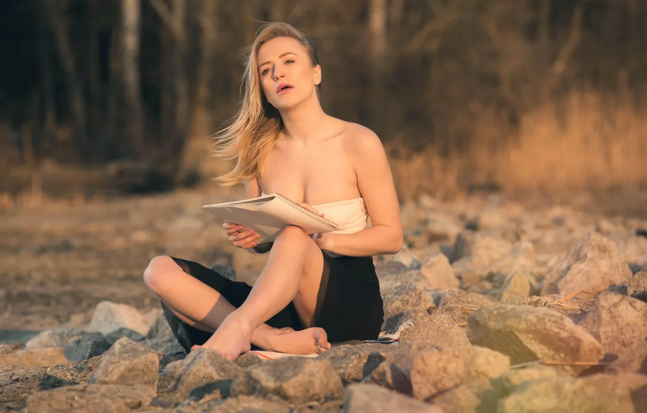 Photo wallpaper girl, young, beautiful, model, sweet, stones, book, blonde