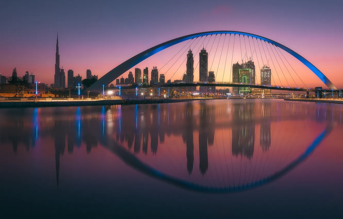 Photo wallpaper light, bridge, the city, lights, reflection, the evening, Dubai, UAE