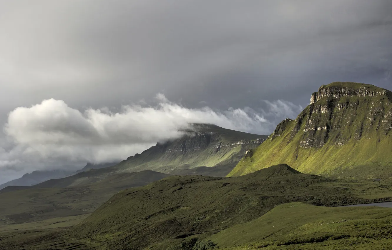 Photo wallpaper the sky, clouds, light, mountains, clouds, overcast, hills, view