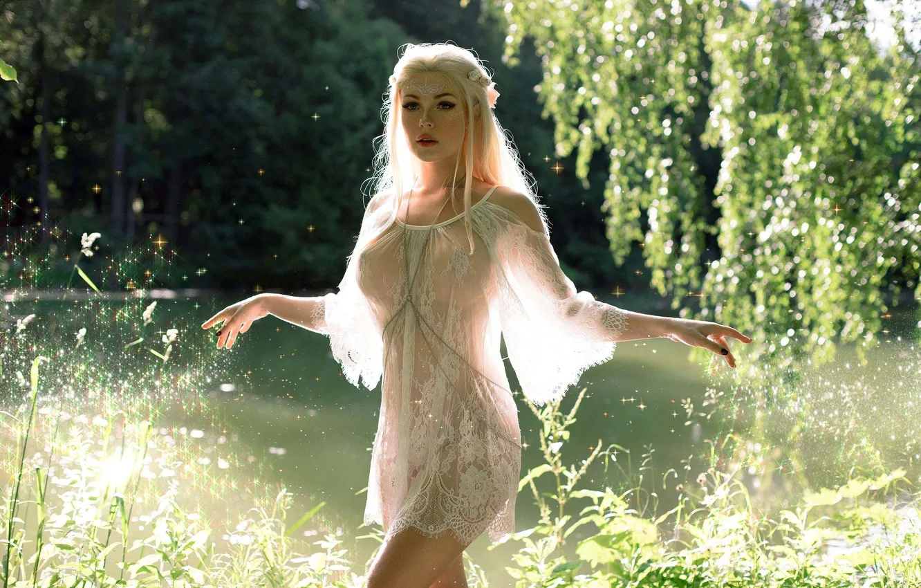 Photo wallpaper green, summer, elf, magic, river, sun, splashes, cosplay