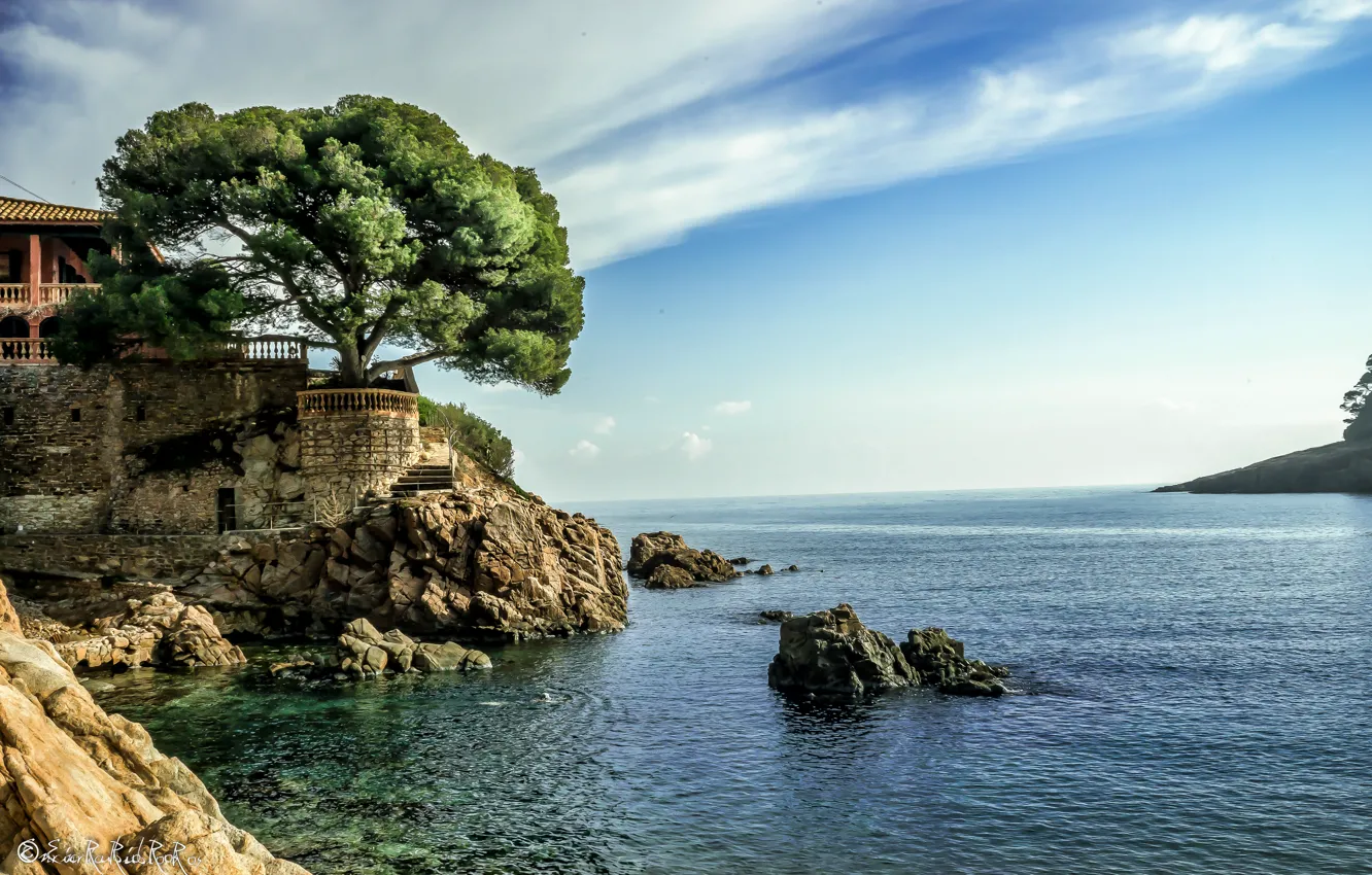 Photo wallpaper sea, the sky, house, stones, tree, shore, horizon, Spain