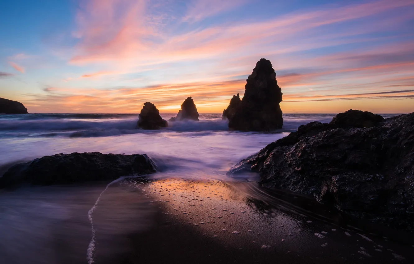 Photo wallpaper sand, sea, wave, the sky, clouds, sunset, stones, the ocean