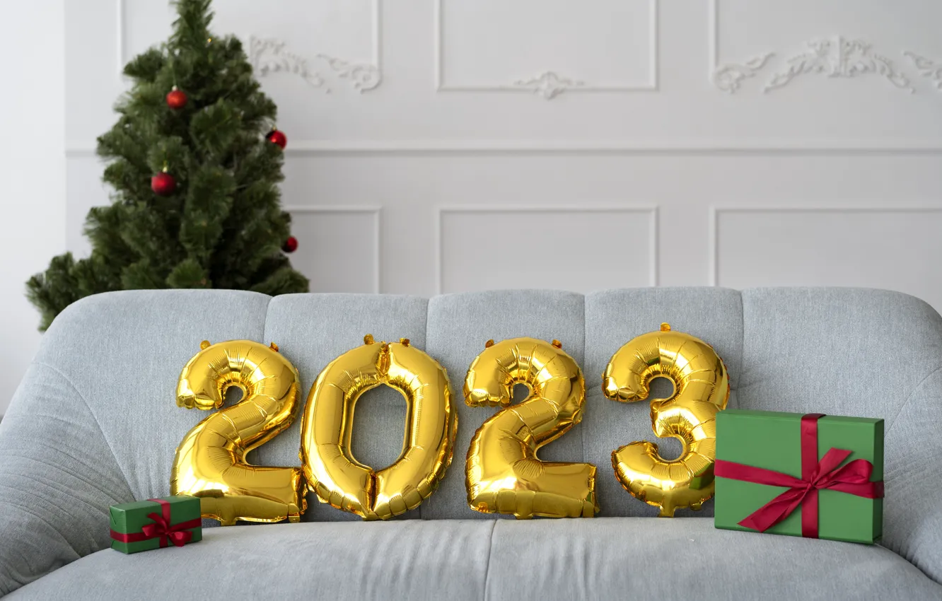 Photo wallpaper balls, room, sofa, wall, holiday, box, gift, new year
