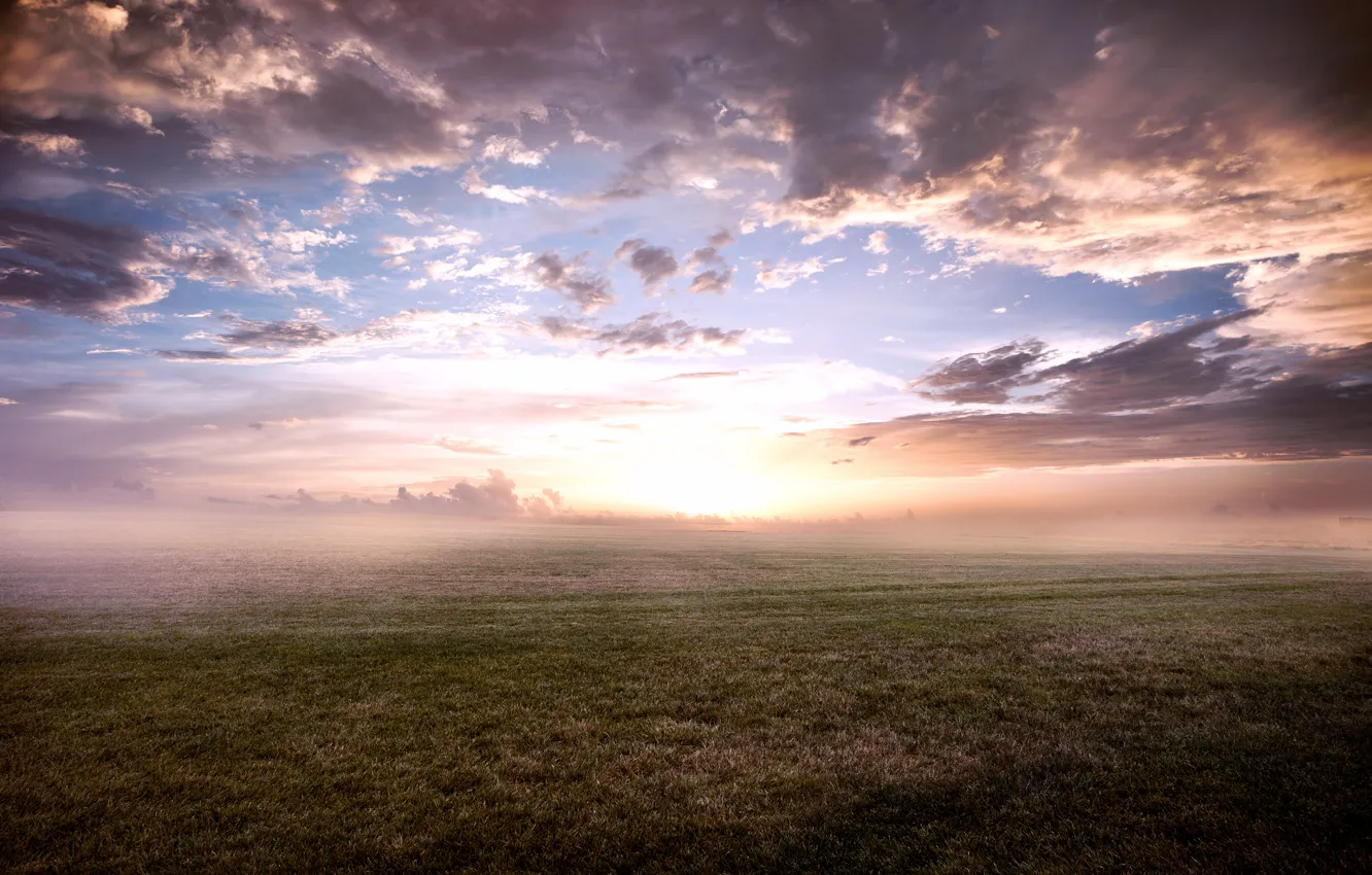 Photo wallpaper the sky, grass, clouds, fog, morning