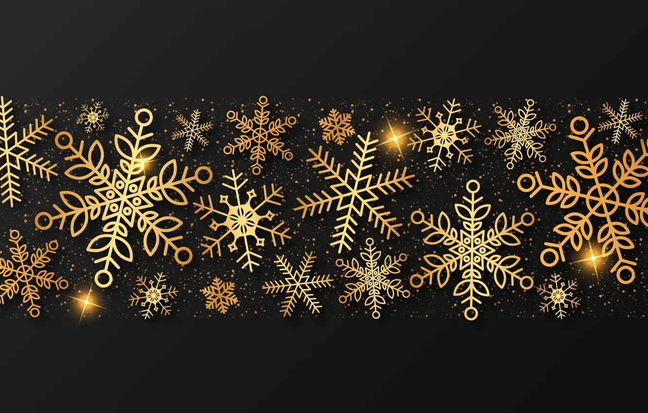 Photo wallpaper winter, snowflakes, gold, New Year, Christmas, golden, black background, gold