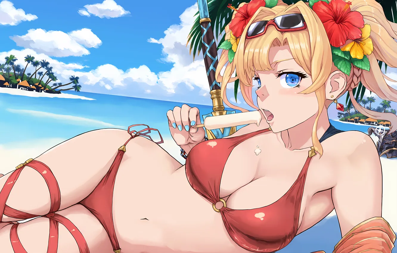 Photo wallpaper girl, sexy, cleavage, beach, sky, sea, boobs, anime