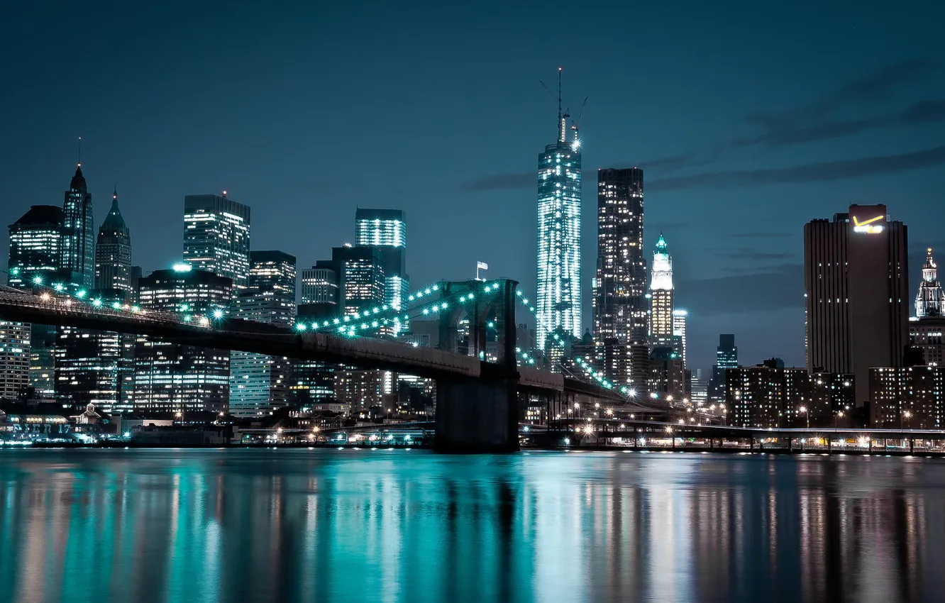 Photo wallpaper bridge, lights, river, home, the evening, Manhattan, New York City, World Trade Center