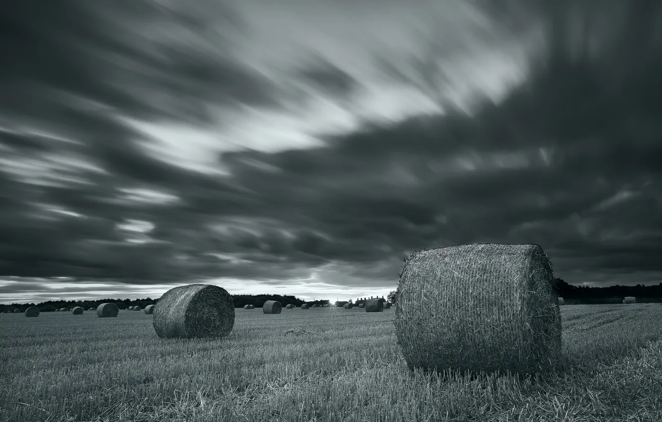 Photo wallpaper field, landscape, night, hay