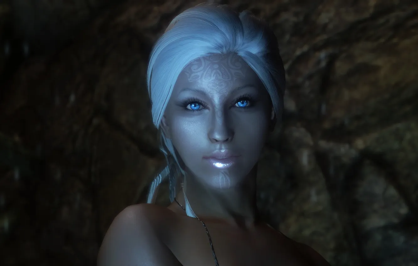 Photo wallpaper look, girl, face, pattern, white hair, Skyrim, Skyrim, The Elder Scrolls V