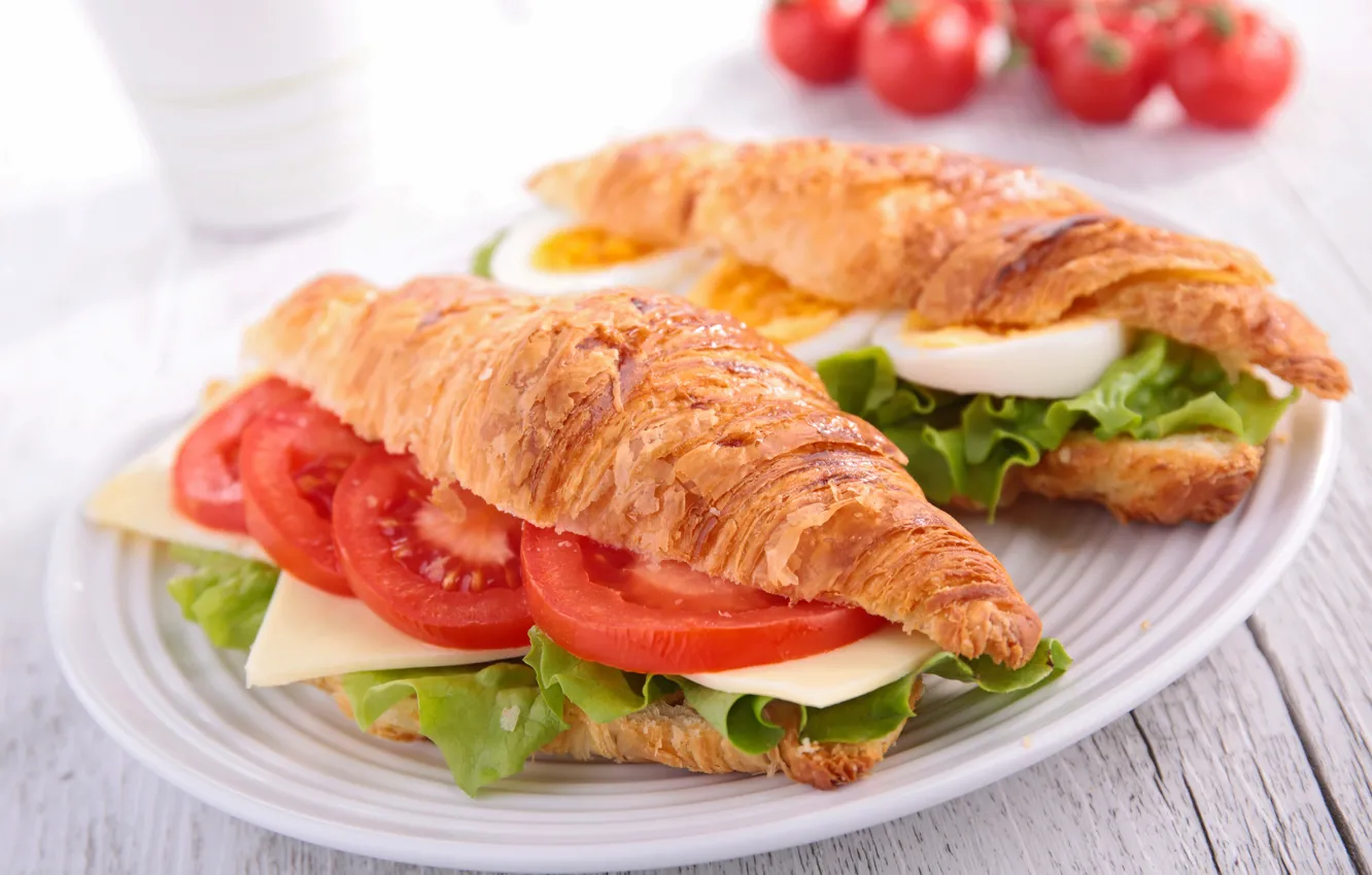 Photo wallpaper cheese, sandwich, tomatoes, growing, croissant, tomatoes, sandwich