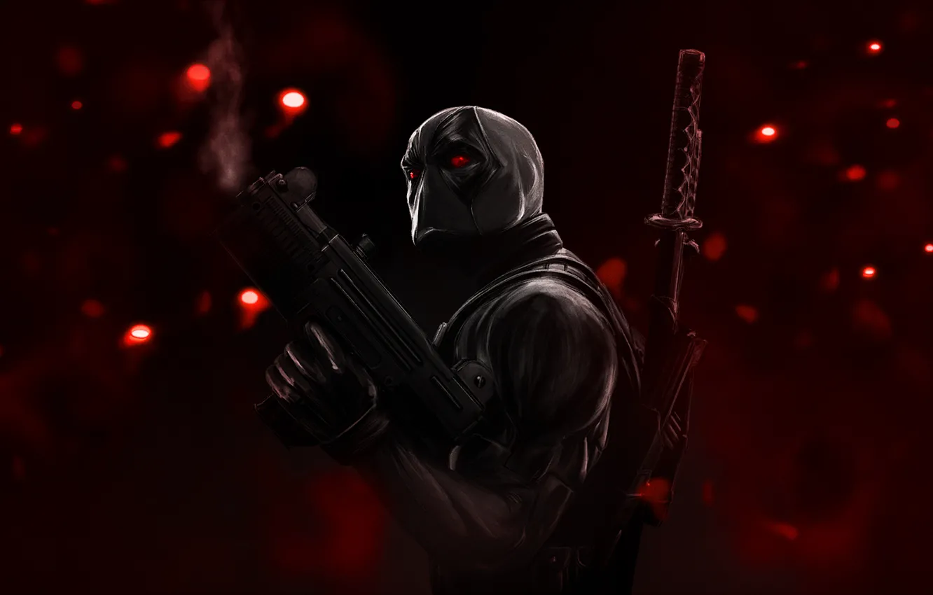 Photo wallpaper glare, weapons, katana, mask, red eyes, red background, Deadpool