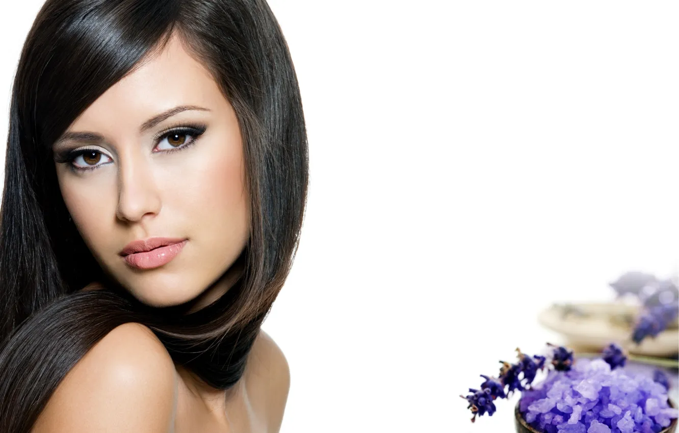 Photo wallpaper girl, flowers, brunette, beauty, white background