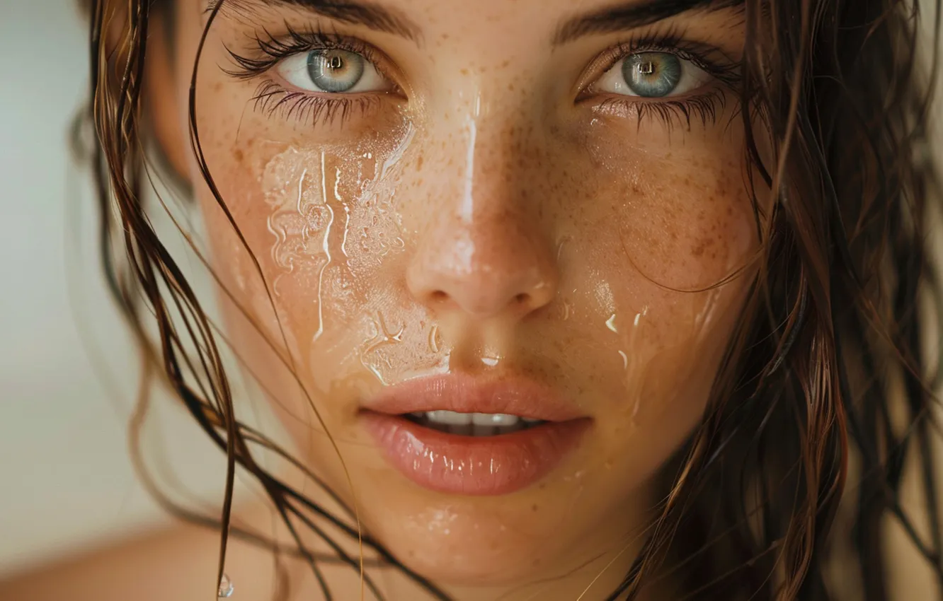 Photo wallpaper look, water, girl, drops, squirt, close-up, face, portrait