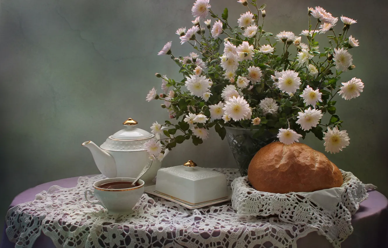 Photo wallpaper flowers, table, tea, kettle, bread, spoon, Cup, vase