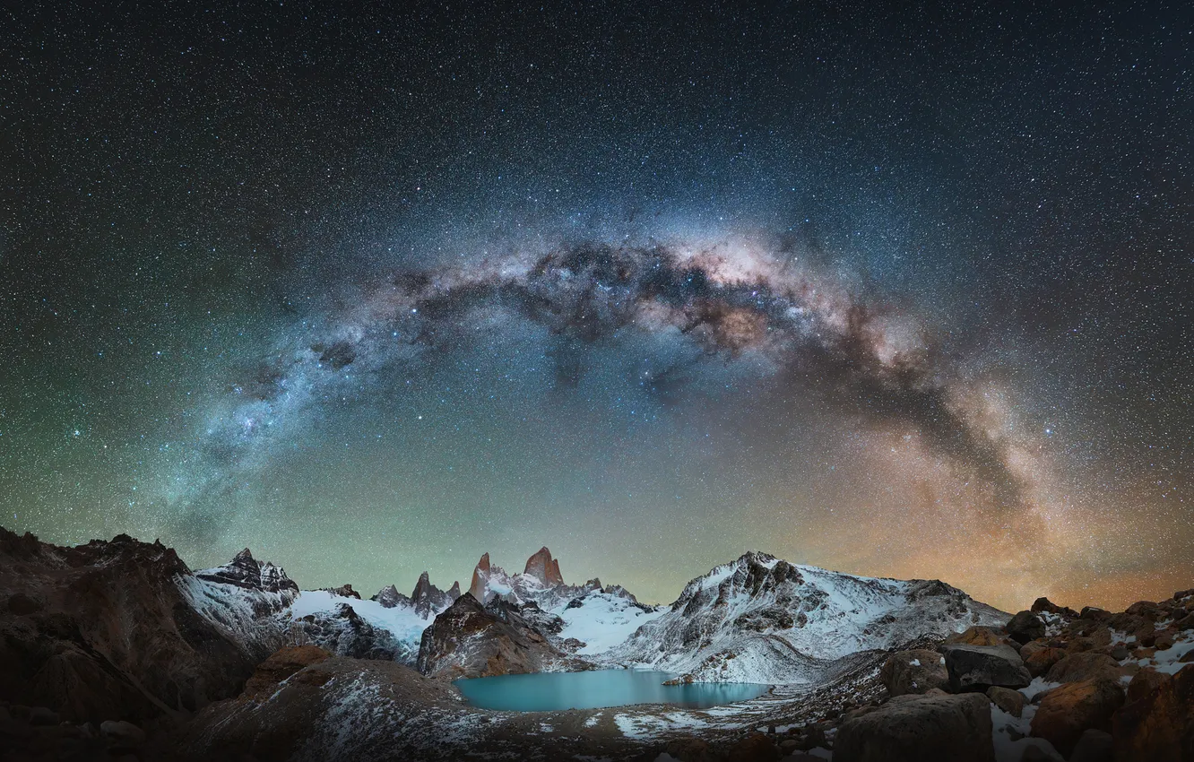 Photo wallpaper stars, snow, mountains, night, lake, the milky way, Andes