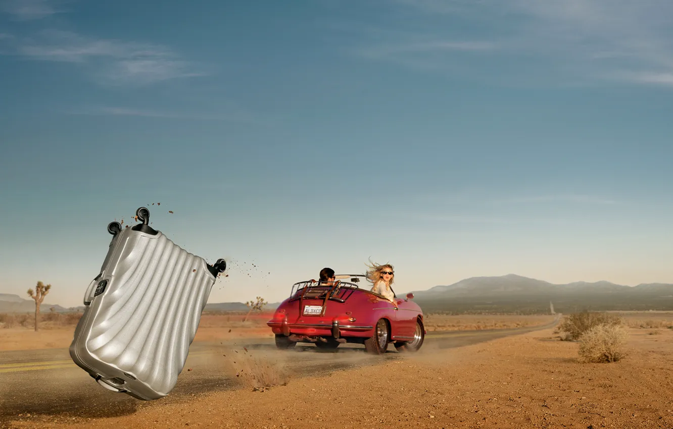 Photo wallpaper road, girl, desert, speed, male, suitcase, car, photographer