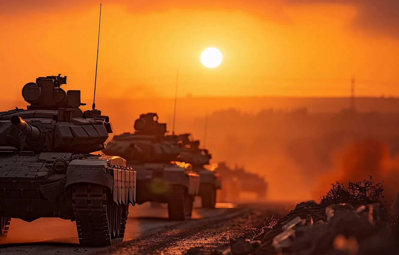 Photo wallpaper dawn, dust, tank, columns, digital art, AI art, The Art of Artificial Intelligence, neural network