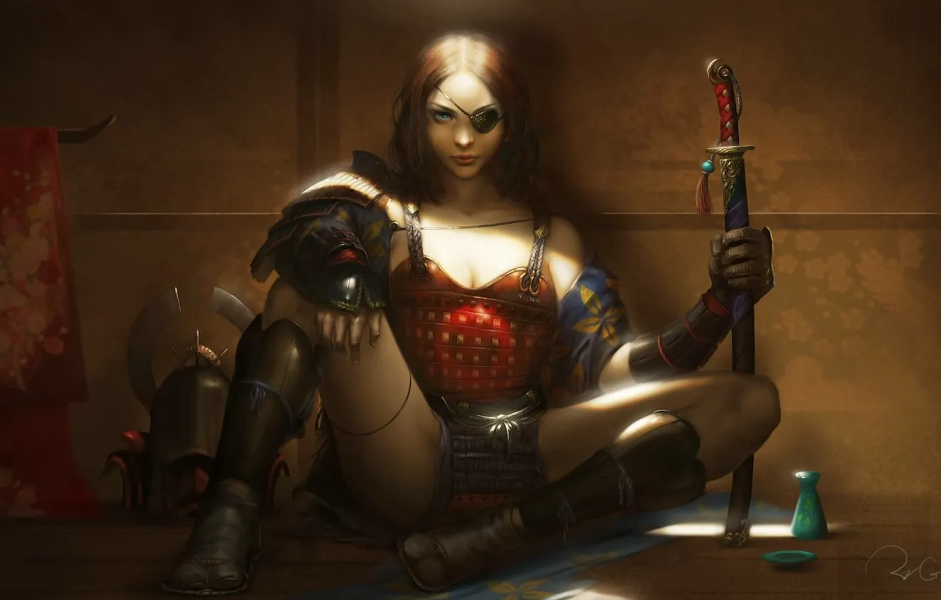 Photo wallpaper girl, fantasy, blue eyes, katana, samurai, artwork, warrior, fantasy art