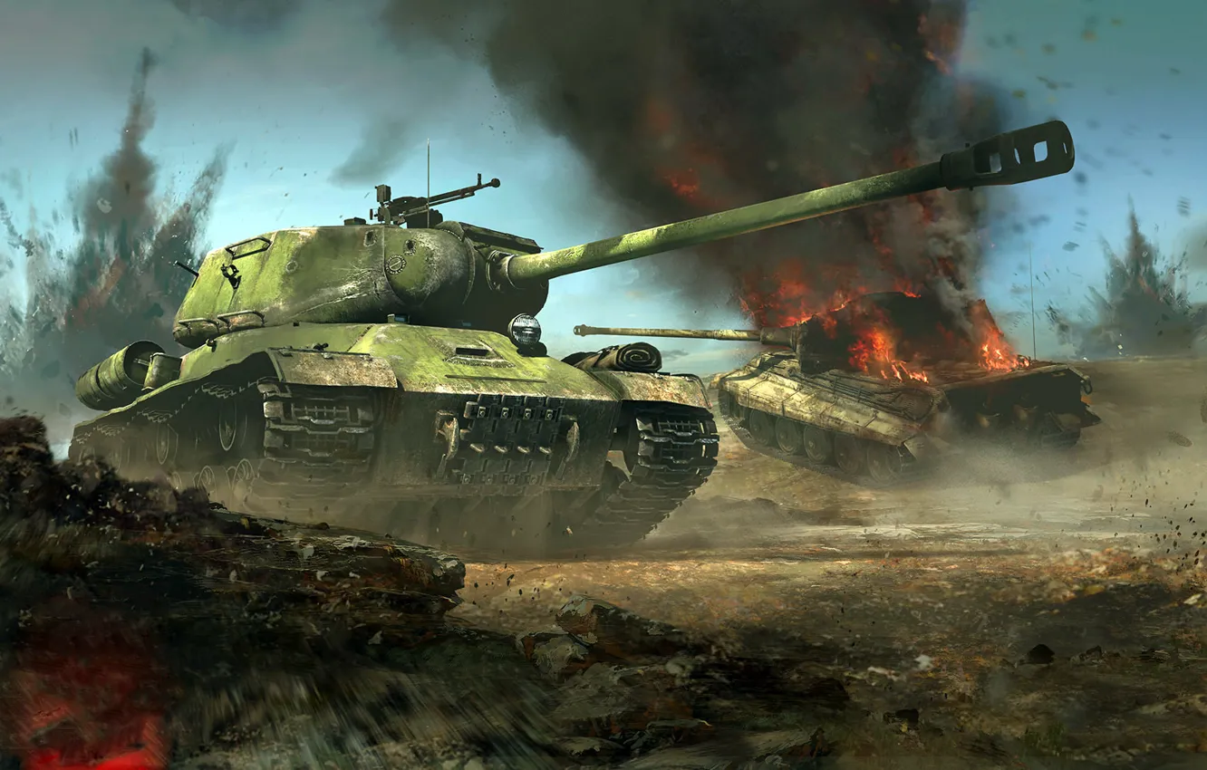 Photo wallpaper battle, The is-2, King tiger, Tiger II, Royal tiger, Soviet heavy tank, German heavy tank, …