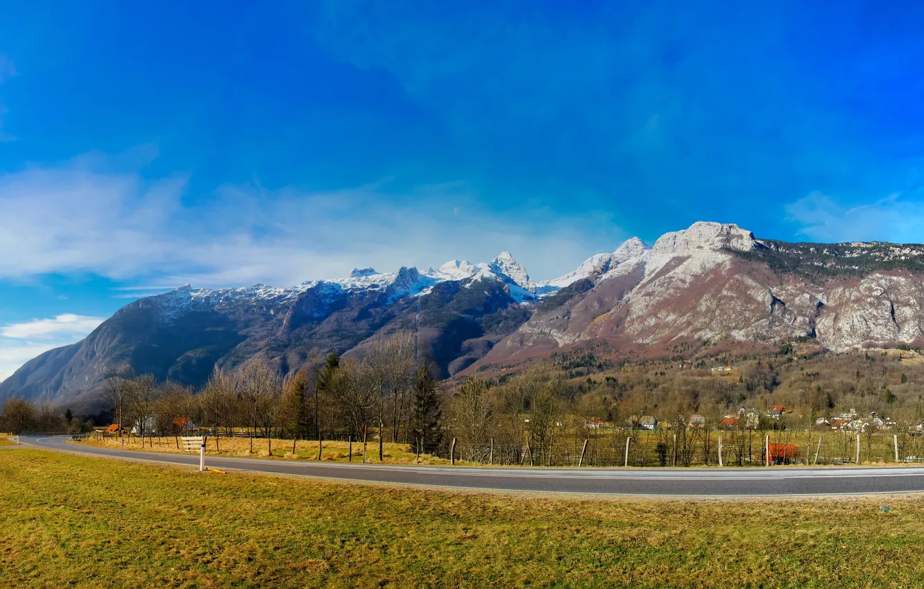 Photo wallpaper road, the sky, grass, trees, mountains, the fence, home, Slovenia