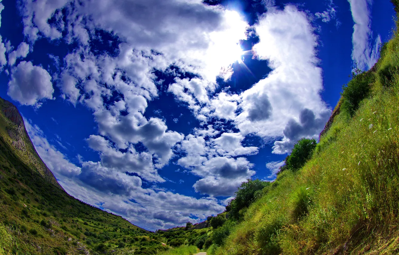 Photo wallpaper field, the sky, grass, clouds, panorama