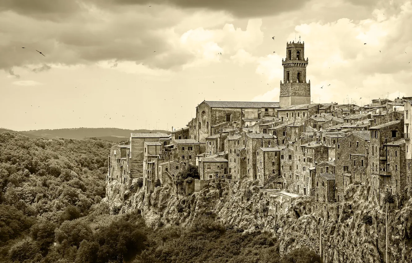 Photo wallpaper landscape, mountains, rocks, home, Italy, Tuscany, Pitigliano