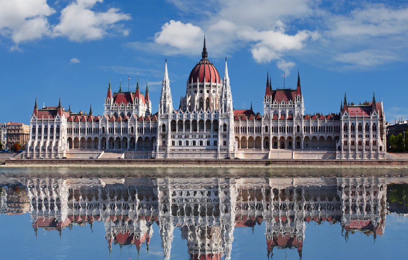 Photo wallpaper water, lake, reflection, building, Parliament, Hungary, Budapest