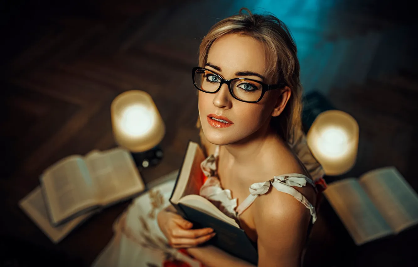 Photo wallpaper look, face, books, candles, glasses, Damian Feather, Alexander Wacyra