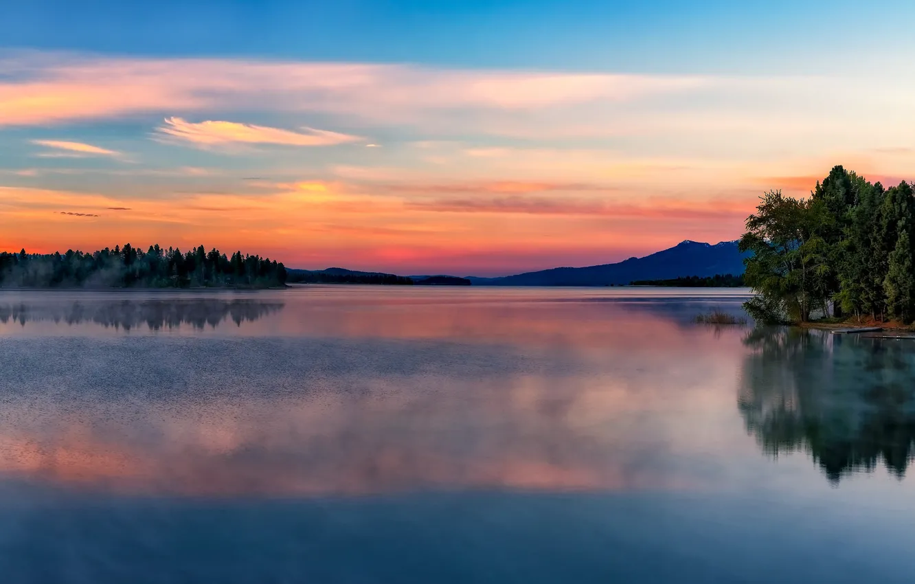 Photo wallpaper summer, trees, lake, reflection, dawn, morning