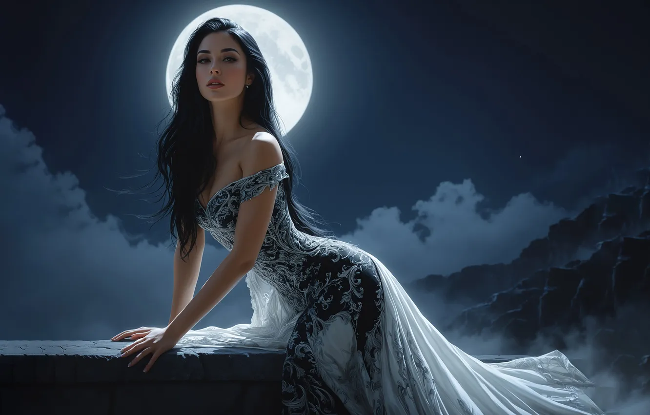 Photo wallpaper the sky, girl, night, the moon