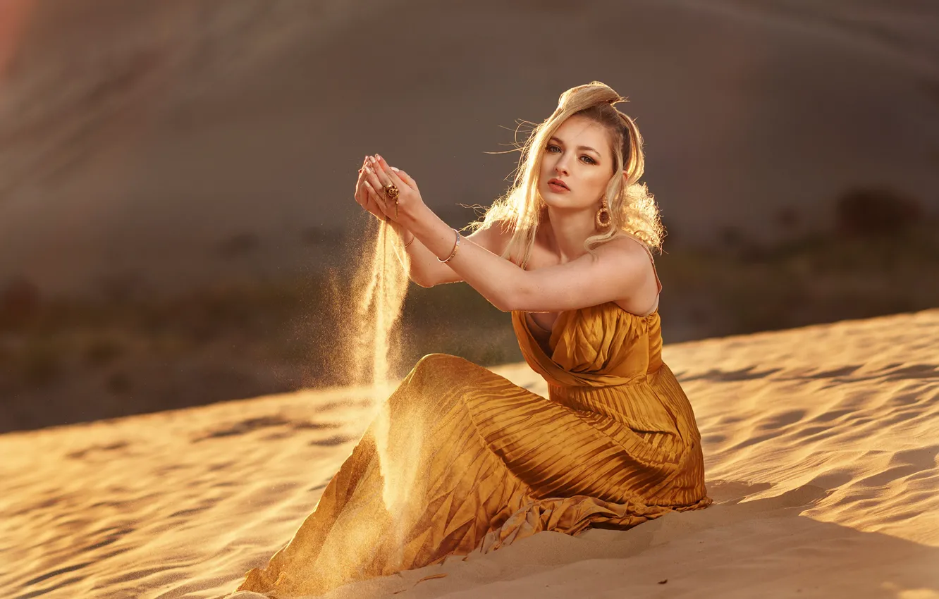 Photo wallpaper sand, girl, hair, dress