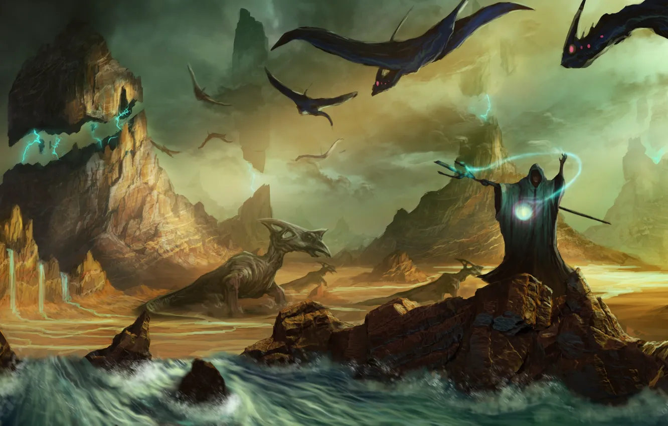 Photo wallpaper water, rocks, dragons, witchcraft, fantasy world, calls, the great magician