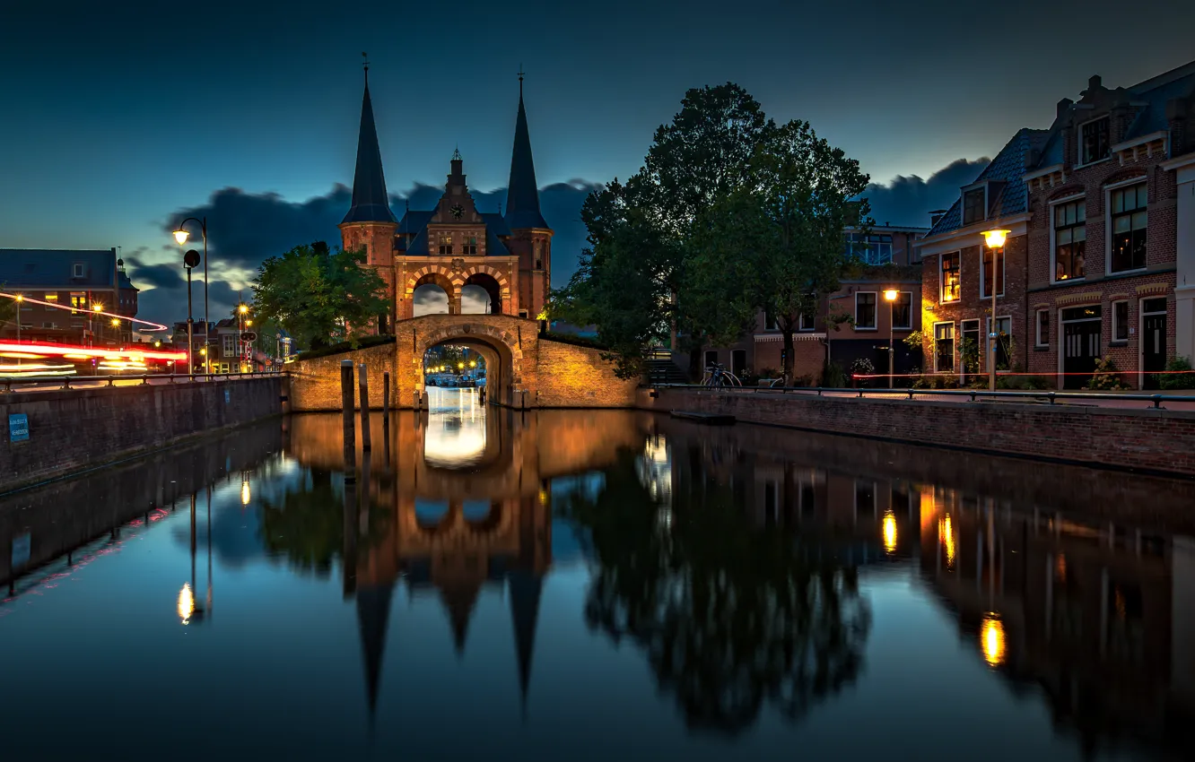 Photo wallpaper night, bridge, the city, lights, reflection, building, tower, home