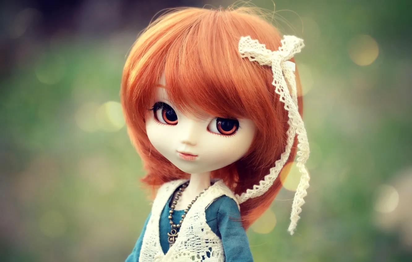 Photo wallpaper toy, doll, red, bow, bokeh