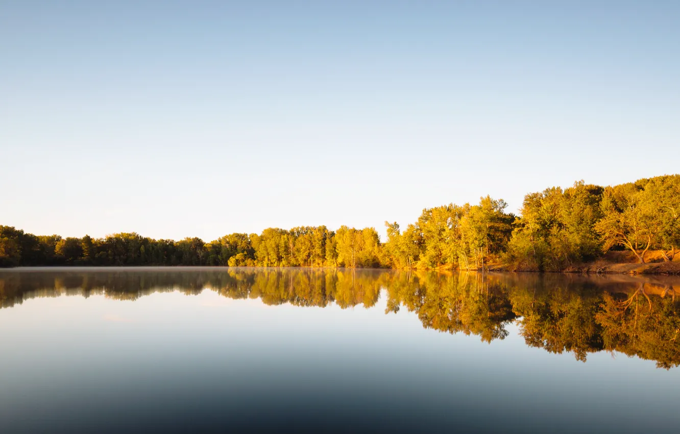 Photo wallpaper sky, trees, lake, reflection, mirror
