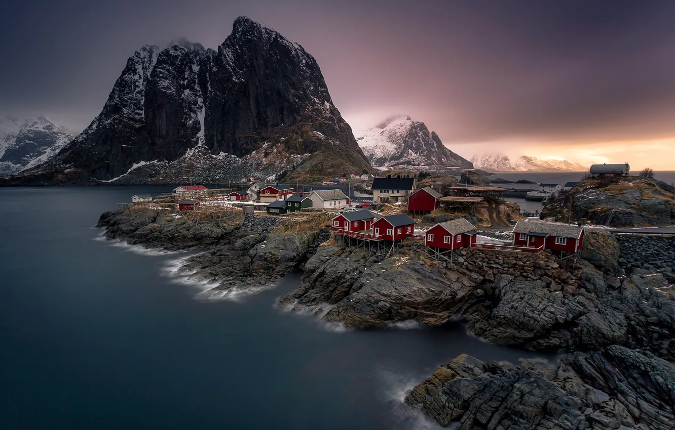 Photo wallpaper mountains, rocks, Norway, the village, the fjord, The Lofoten Islands