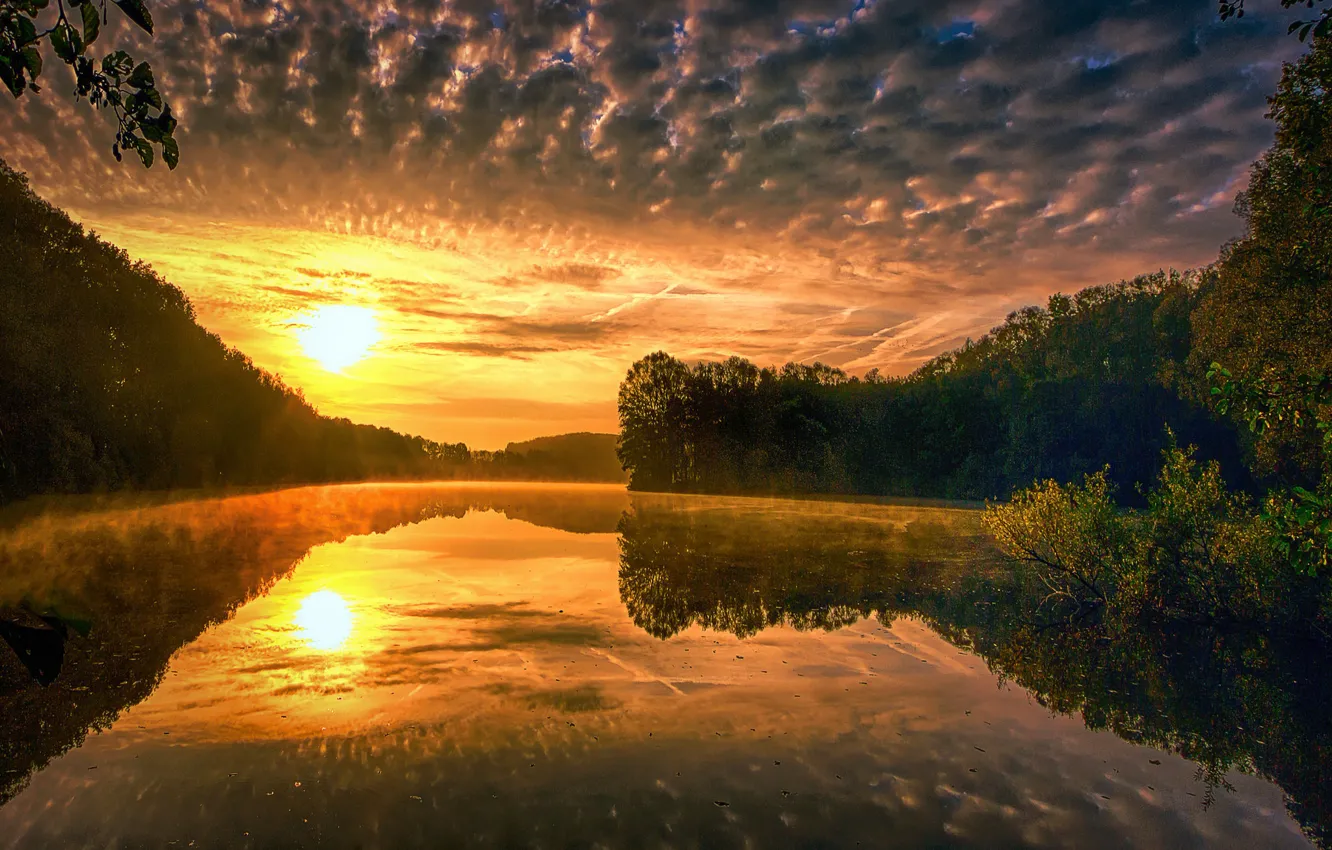 Photo wallpaper the sky, the sun, clouds, trees, sunset, nature, lake, reflection