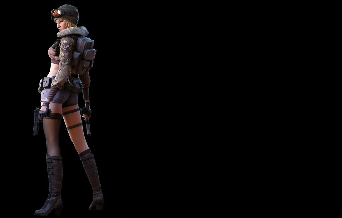 Photo wallpaper look, girl, rendering, weapons, boots, black background