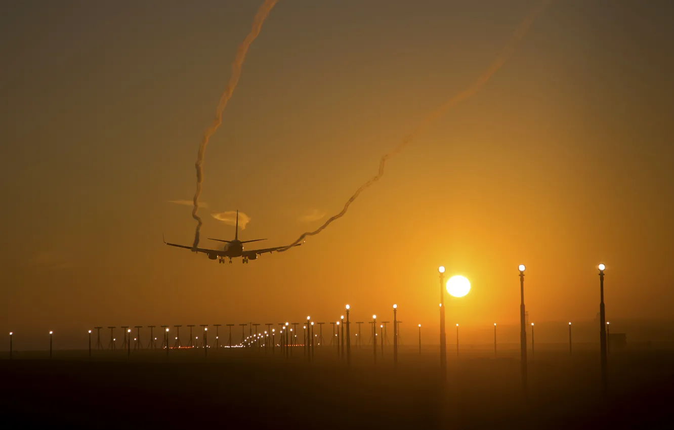Photo wallpaper lights, the plane, the evening, landing