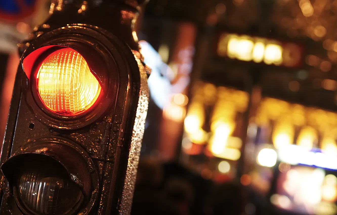 Photo wallpaper macro, night, the city, traffic light